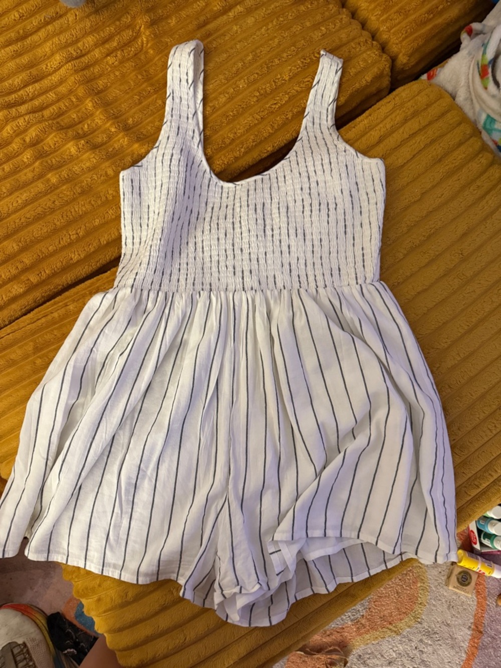 American Eagle Outfitters White Navy Striped Smocked Top